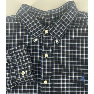 Ralph Lauren Button Down Shirt Mens XXL Navy Blue Black Plaid Long Sleeve Preppy